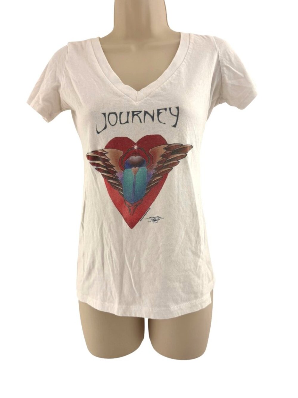 Journey V-Neck Women's T-Shirt Short Sleeves Winged Heart White S Band Tee Top